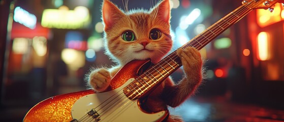 A cute ginger kitten with green eyes holds a bass guitar in a city street at night.