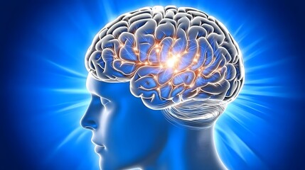 Obraz premium Quantum Thought: Light particles spiral within the brain, connecting it to the tablet nearby. 
