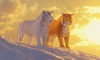 tigers and white tigers with various creative themes, atmospheres, and perspectives