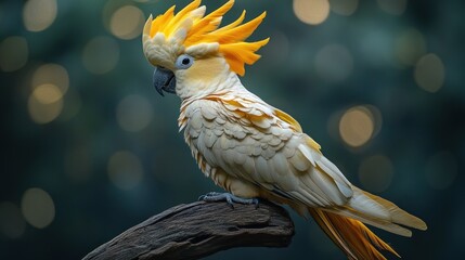 A white cockatoo with a yellow crest perched on a branch against a blurred green background.