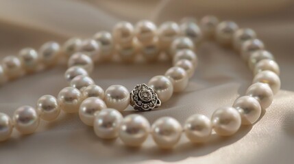 Elegant Pearl Necklace on Silk Fabric Close-up