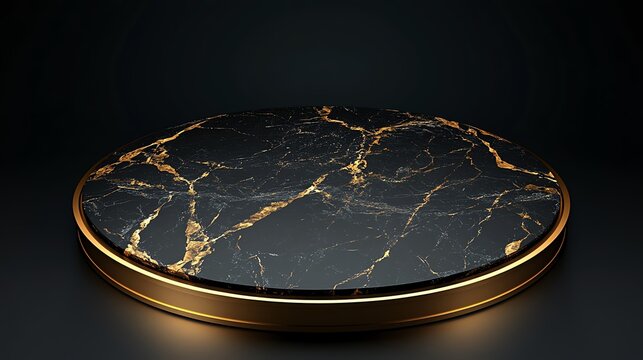 Elegant black marble round pedestal with golden veins on a dark background.