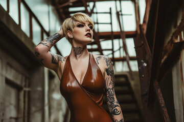 A model with short blonde hair and tattoos wearing an A-line latex dress in brown, posing in industrial scene, fashion photography