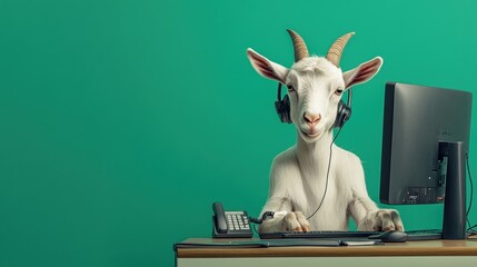 Goat Working at a Desk with Headphones and Computer