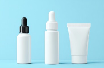 A mockup of two white skincare bottles and one cosmetic tube on three blue cube pedestals