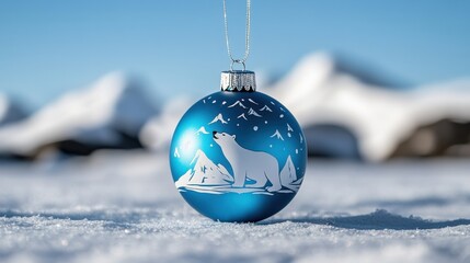 Beautiful blue christmas ornament featuring a polar bear design set against a snowy background with majestic mountains in the distance perfect for holiday decor and winter celebrations