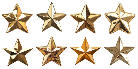 Obraz premium Collection of eight shiny gold stars in various designs, ideal for decorative purposes on a white isolated background.
