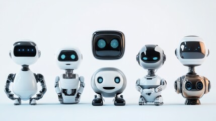 Set of various AI robots with metallic bodies and interactive facial displays on white background