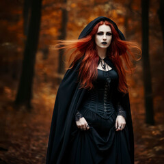Naklejka premium Fantasy gothic woman dark witch, red-haired evil Girl lady demon in black dress cape hood. Long hair flutters fly in wind. Dark dense deep autumn forest orange colors trees, medieval silk dress