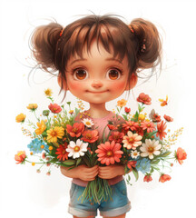Naklejka premium Drawing of a little girl, holding a bright bouquet of colorful flowers, smiling, white background, postcard, illustration, 3d