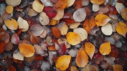 Autumn Leaves Covered in Frost, Winters Embrace