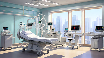Illustration of a Modern Hospital Room with Advanced Medical Equipment and Monitors