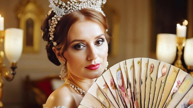Beautiful woman elegantly holds decorative fan, sophistication and charm. Sparkling crown and jewelry, regal appearance. Graceful features. Opulent background, candlelit ambiance, luxury. Ball room.