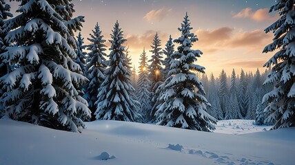 Snowfall in winter forest. Beautiful landscape with snow covered fir trees and snowdrifts.