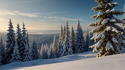 Snowfall in winter forest. Beautiful landscape with snow covered fir trees and snowdrifts.