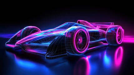 Naklejka premium Futuristic race car in a vibrant, neon wireframe design.