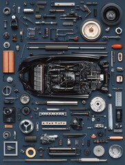 Obraz premium Detailed Knolling Layout of Black Car Parts and Engine Components on a Dark Background