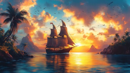 Obraz premium A serene sunset scene with a sailing ship amidst tropical islands.