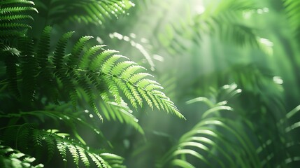 Obraz premium Lush green tropical foliage with sunbeams filtering through the leaves.