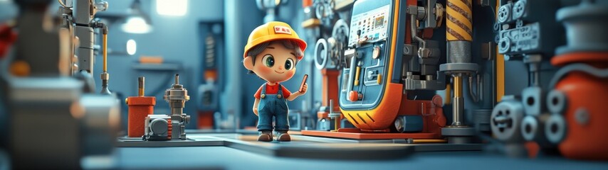 Fototapeta premium A cute cartoon worker in a yellow hard hat standing in front of a large, complex industrial machine with colorful pipes and gears.