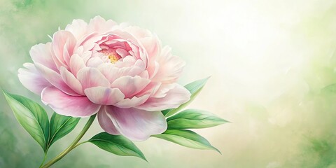 Fototapeta premium A delicate watercolor drawing of a single peony blossom in shades of soft pink and white petals against a crisp green leaf background, flower arrangements, watercolor art