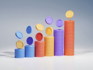 playful illustration of five stacks of colored coins, arranged to resemble a bar chart
