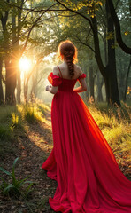 Fototapeta premium Fantasy woman queen red hair walks comes to magic light, fairy autumn forest, girl goddess, long royal red vintage dress long train, summer green tree grass sunset art photography, sexy backview