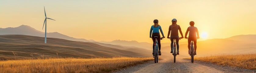 Fototapeta premium Family cycling past wind turbines in a rural area, family wind turbines environment, green outdoor travel