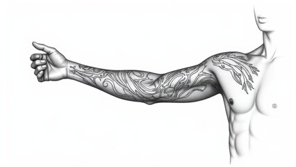 Artistic arm sleeve tattoo design featuring detailed linework and monochrome tribal elements.