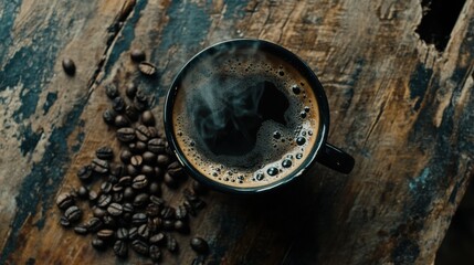 Hot Coffee Cup with Swirling Steam on Wooden Table