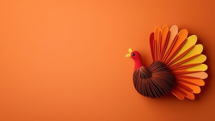 A colorful paper turkey craft on an orange background, perfect for Thanksgiving decorations or autumn-themed art projects.