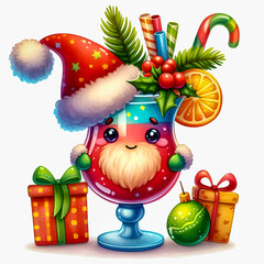 Fototapeta premium Merry Christmas, Watercolor Clipart of a funny Christmas Colorful Festive Cocktail, isolated on a white background