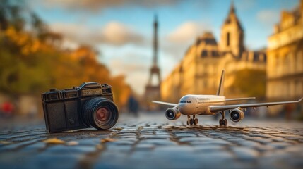 A Camera and Plane Ready for a Parisian Adventure