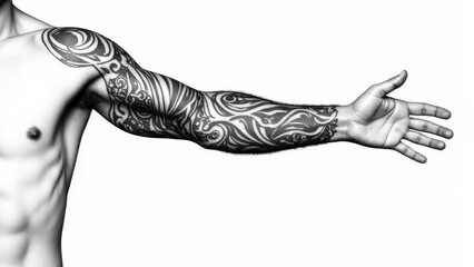 Intricate arm sleeve tattoo design with monochrome tribal patterns, perfect for showcasing tattoo ideas.