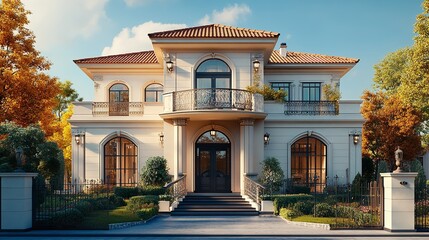 a beautiful building harmoniously blending Italian, Spanish, and British styles for the facade, seamlessly integrating modern technological advances, in a realistic photograph.