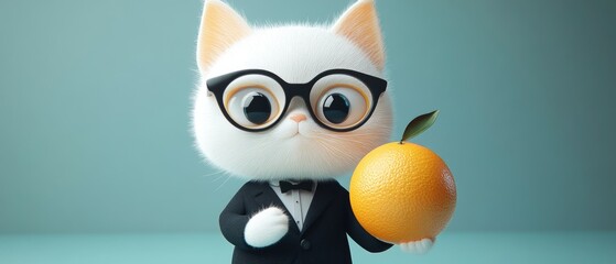 A cute, white cat with glasses, wearing a tuxedo, holds a juicy orange.