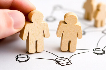 Hand connecting wooden figures on network diagram, symbolizing teamwork and human resources in organizational planning