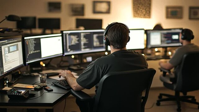 Cybersecurity Programmers in Dark Lab with Multiple Monitors