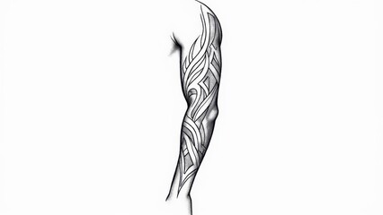 Fototapeta premium Unique arm sleeve tattoo design featuring tribal motifs in monochrome on a white background.