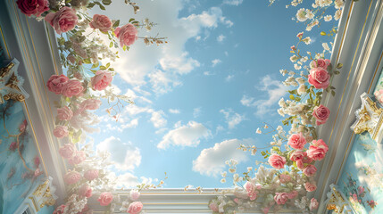 This high-definition 3D digital illustration showcases a ceiling with a lavish flower decoration, presented against a visually appealing wallpaper background
