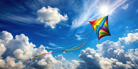 A kite soaring high in the sky with the wind blowing through its fabric and a long tail streaming behind, toy, kite
