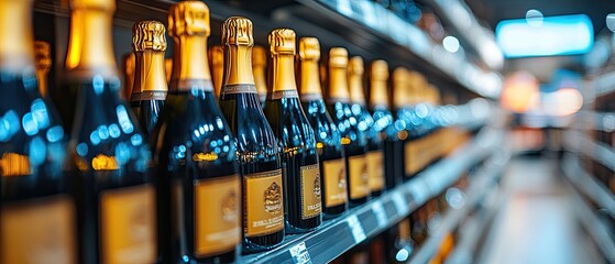 Close-up of champagne bottles on a supermarket shelf.
