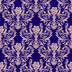 Fototapeta premium Seamless vintage damask pattern with intricate floral and ornamental designs. This classic, elegant design is perfect for wallpapers, textiles, wrapping paper, and interior decor. 