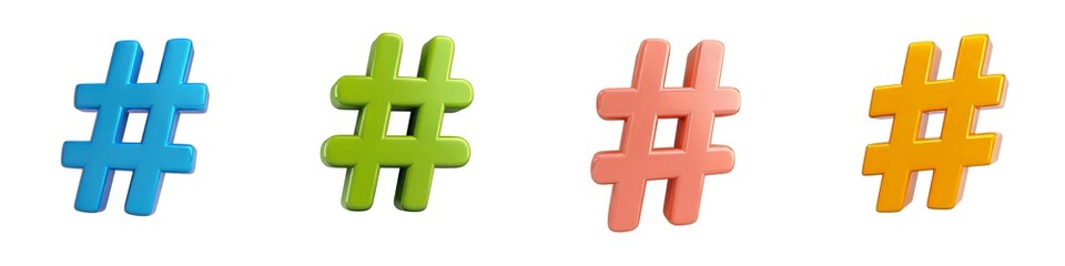Obraz premium Four colorful hashtag symbols in blue, green, orange, and pink arranged side by side against a white background.