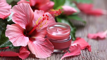 Pink Hibiscus Flowers and Lip Balm on Wooden Table