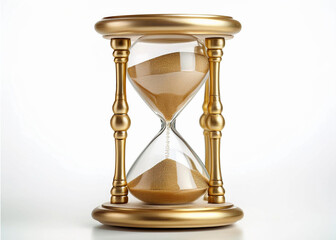 reloj de arena en oro, reloj aislado sobre fondo blanco, IA, aislado, cristal de reloj de arena ,reloj con arena de oro, el tiempo se acaba, el tiempo es oro, tiempo es valioso, reloj de oro.     