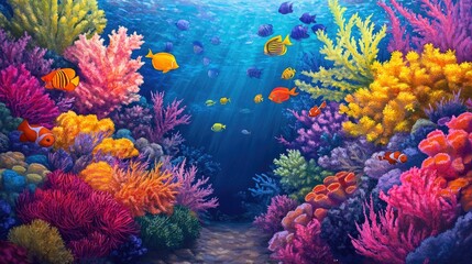 Obraz premium A vibrant aquarium scene with tropical fish and bright corals; aquatic life in all its beauty.