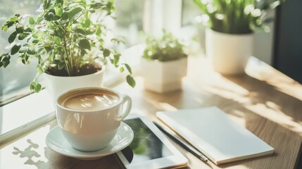 Coffee Break by the Window with a Tablet and Notebook