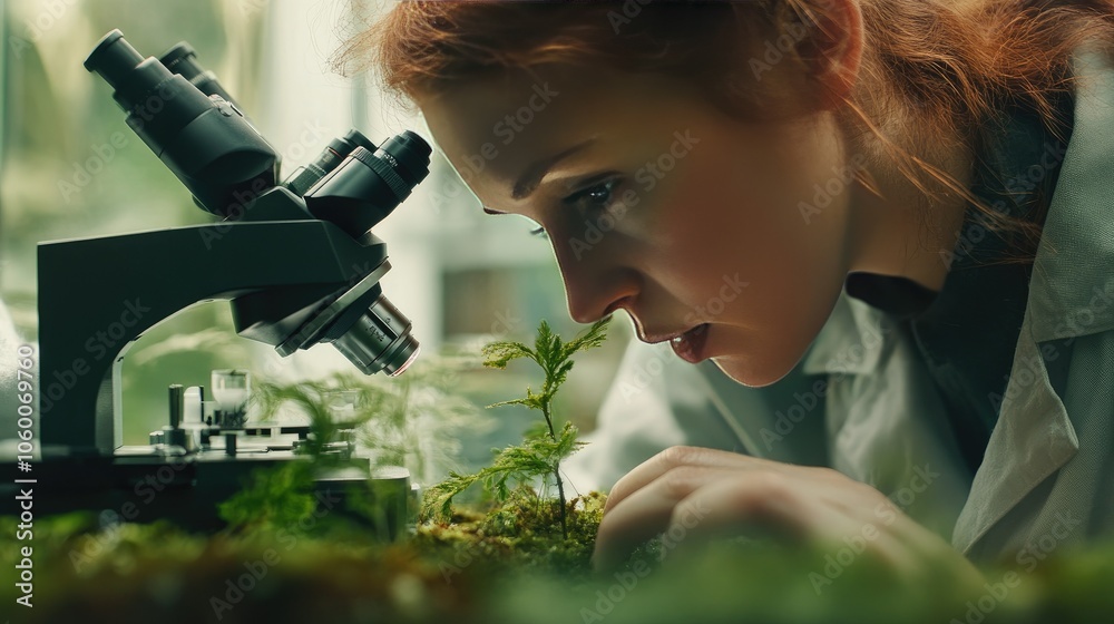Poster botanist using a microscope to investigate plant structures, emphasizing research in environmental s