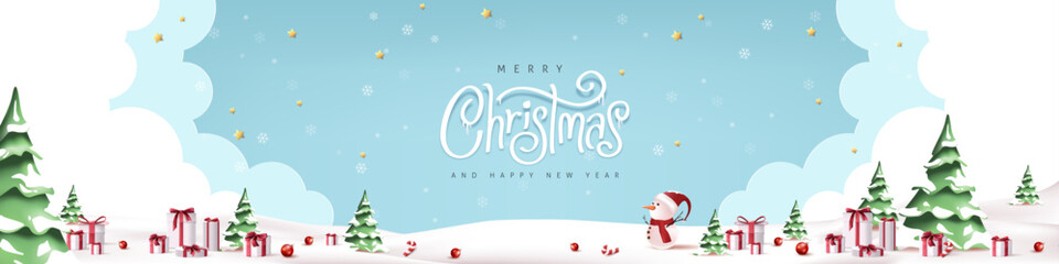 Merry christmas and happy new year greeting card with Cute snowman standing in winter christmas landscape snow falling